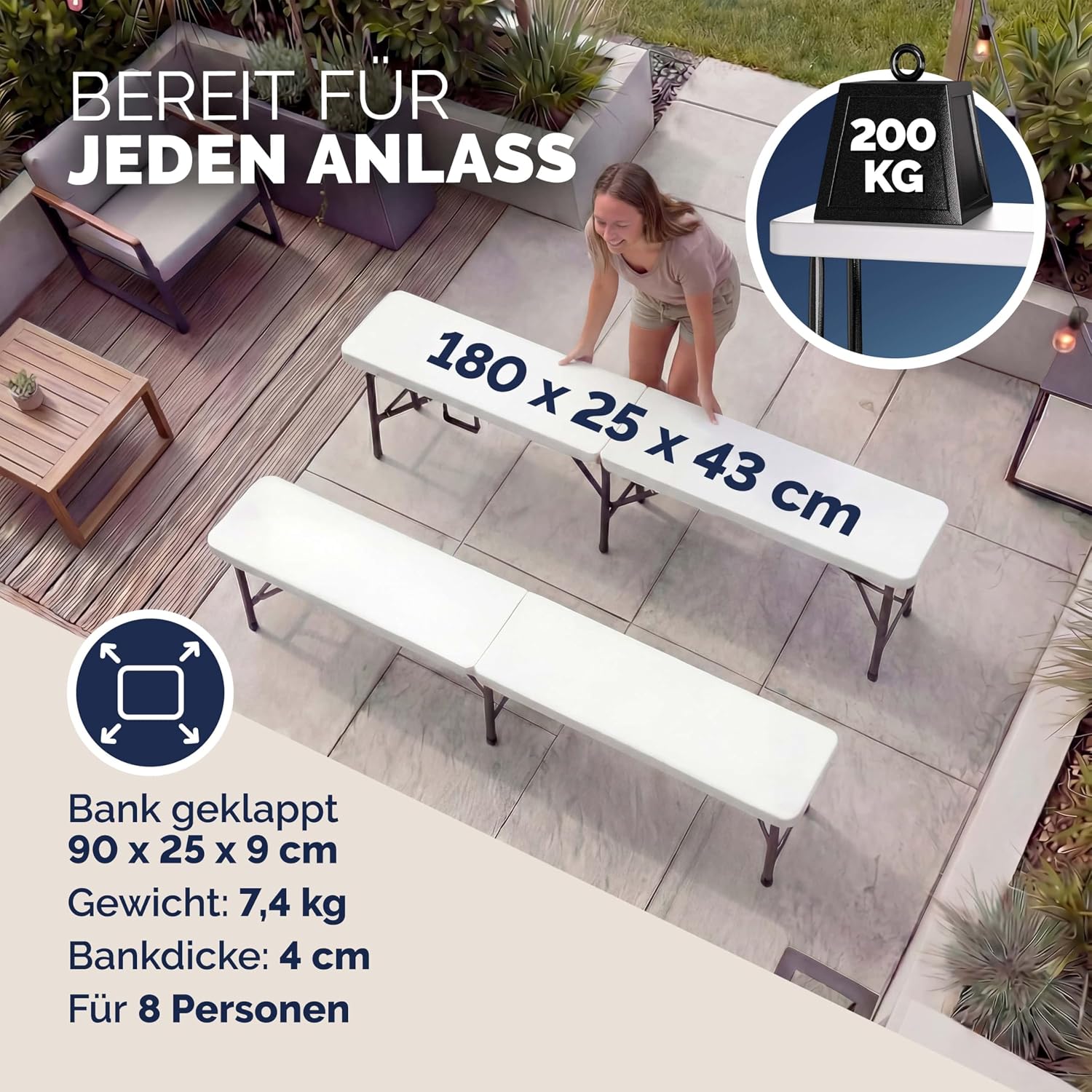 Casaria® 2er Set Bierbank Klappbar 8 Personen 183cm Kunststoff Klappbank Faltbar Biergarten Campingbank Bierbänke Bierbankgarnitur Gartenbank Weiß — Ansicht 2