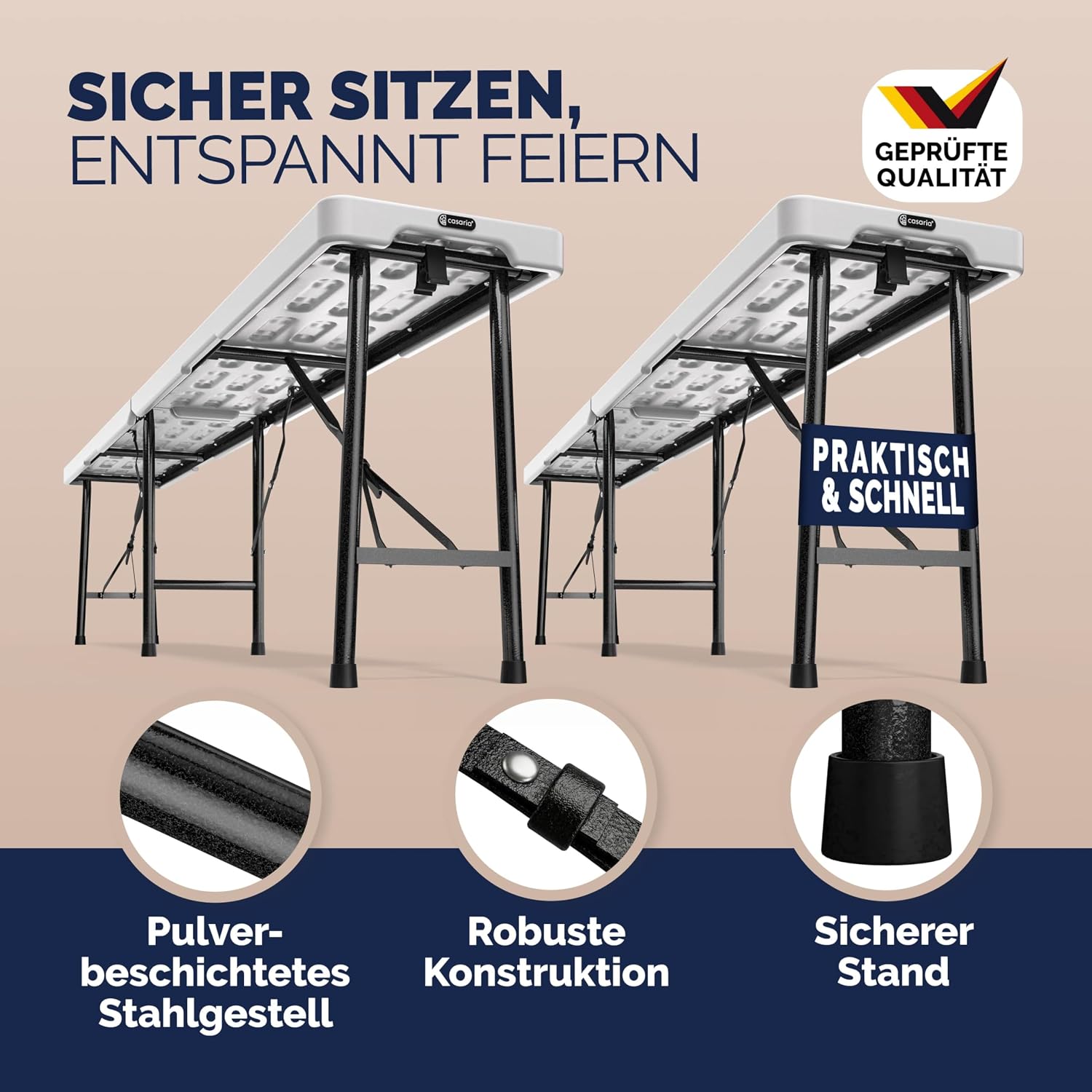 Casaria® 2er Set Bierbank Klappbar 8 Personen 183cm Kunststoff Klappbank Faltbar Biergarten Campingbank Bierbänke Bierbankgarnitur Gartenbank Weiß — Ansicht 3