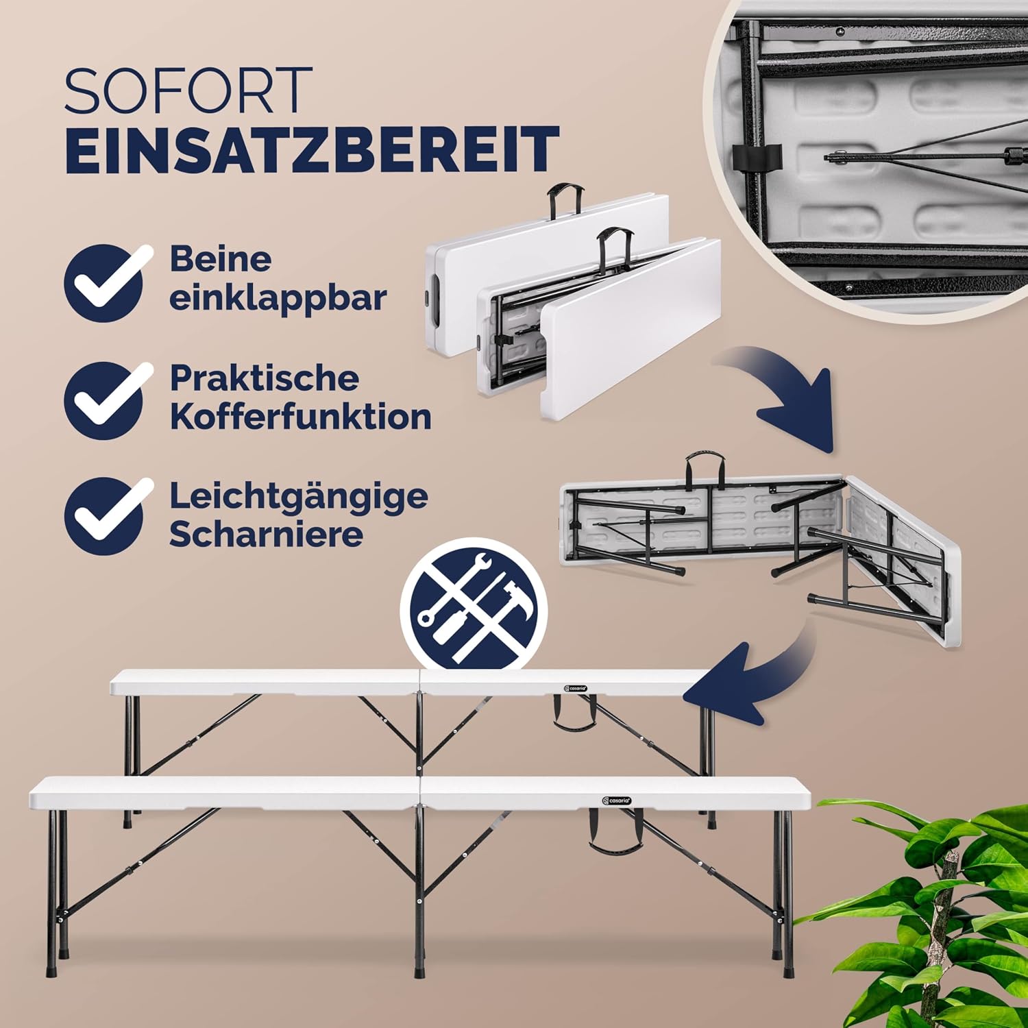 Casaria® 2er Set Bierbank Klappbar 8 Personen 183cm Kunststoff Klappbank Faltbar Biergarten Campingbank Bierbänke Bierbankgarnitur Gartenbank Weiß — Ansicht 4