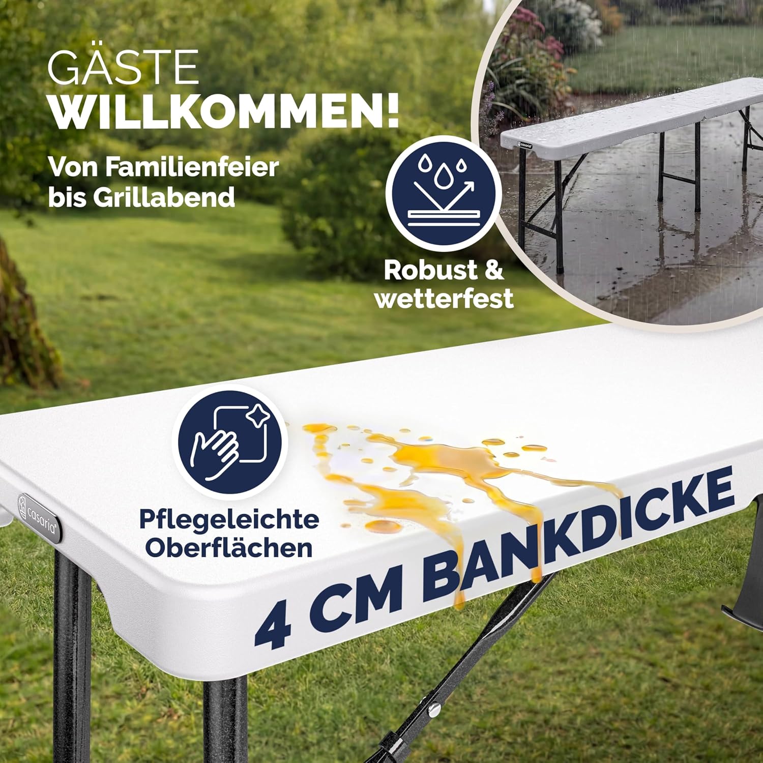 Casaria® 2er Set Bierbank Klappbar 8 Personen 183cm Kunststoff Klappbank Faltbar Biergarten Campingbank Bierbänke Bierbankgarnitur Gartenbank Weiß — Ansicht 6