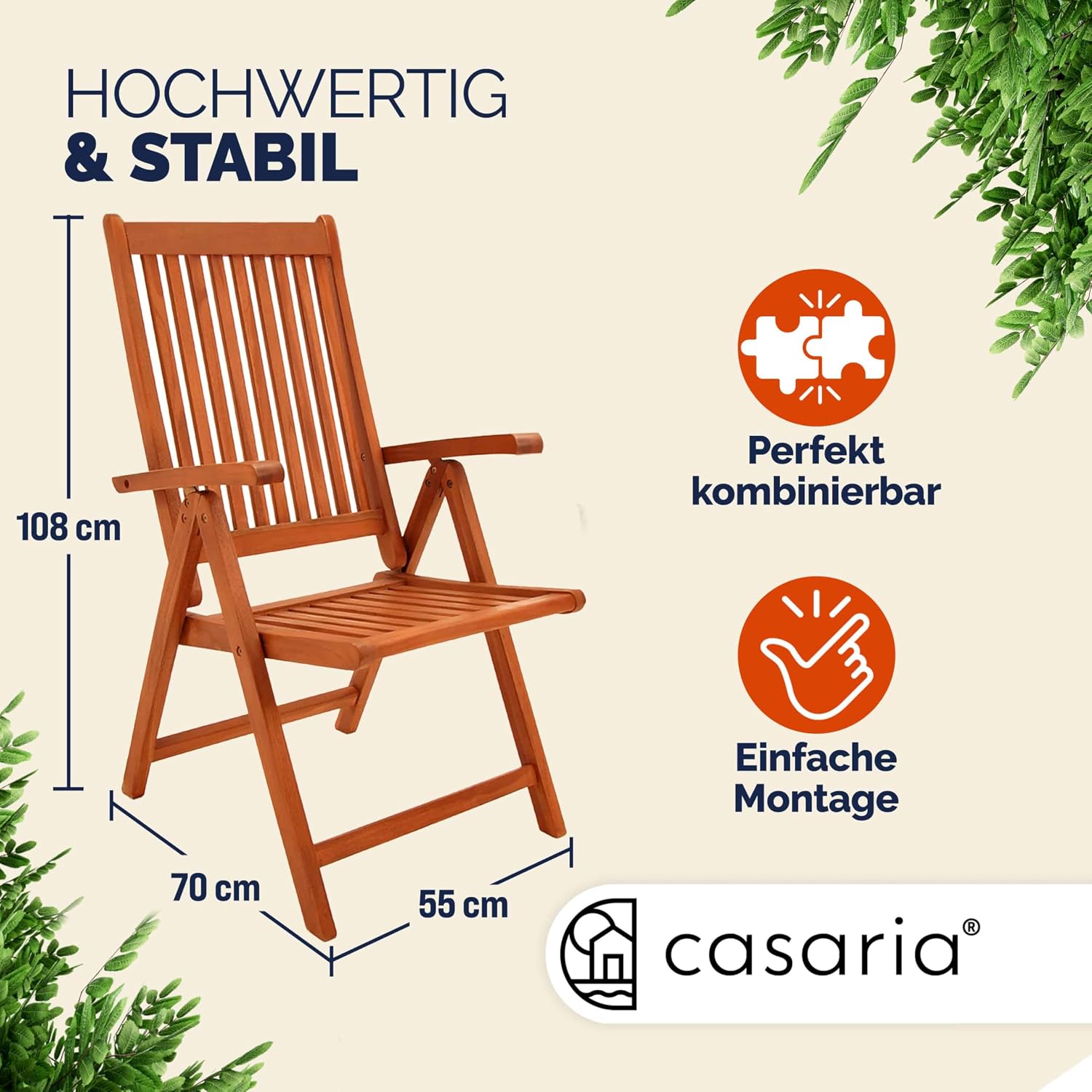 Casaria® 2er Set Gartenstuhl Balkonstuhl Holz FSC®-Zertifiziert Eukalyptus Klappbar Rückenlehne 5-Fach Verstellbar 55x70cm Garten Balkon Terrasse Klappstuhl Hochlehner Braun — Ansicht 3