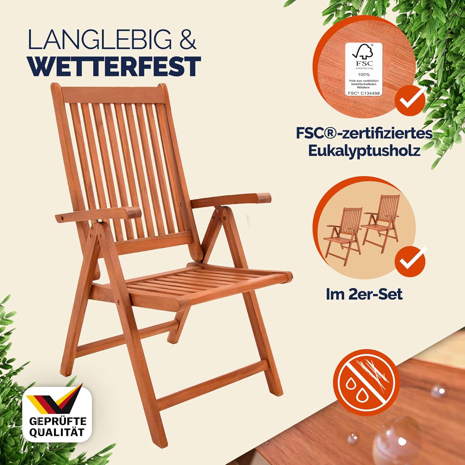 Casaria® 2er Set Gartenstuhl Balkonstuhl Holz FSC®-Zertifiziert Eukalyptus Klappbar Rückenlehne 5-Fach Verstellbar 55x70cm Garten Balkon Terrasse Klappstuhl Hochlehner Braun — Ansicht 4