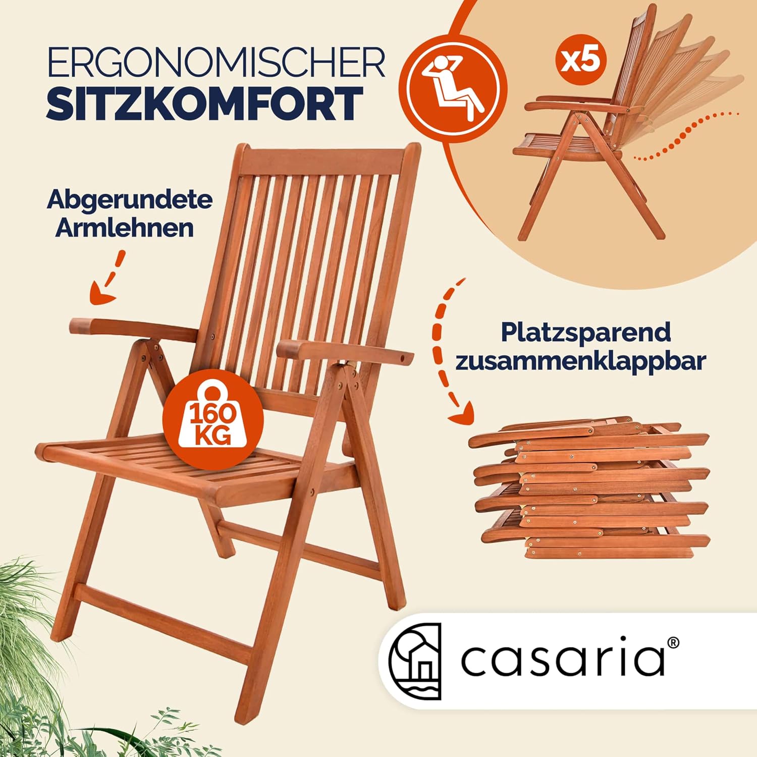 Casaria® 2er Set Gartenstuhl Balkonstuhl Holz FSC®-Zertifiziert Eukalyptus Klappbar Rückenlehne 5-Fach Verstellbar 55x70cm Garten Balkon Terrasse Klappstuhl Hochlehner Braun — Ansicht 5