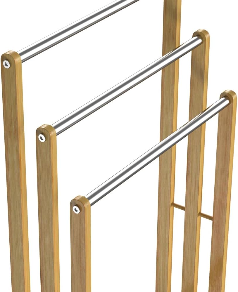 CASARIA® 2er Set Handtuchständer Freistehend Bambus Holz 84 x 46 x 24 cm 3 Edelstahl Stangen Handtuchhalter Stehend mit Ablage Handtuchstange Bad Ohne Bohren — Ansicht 3