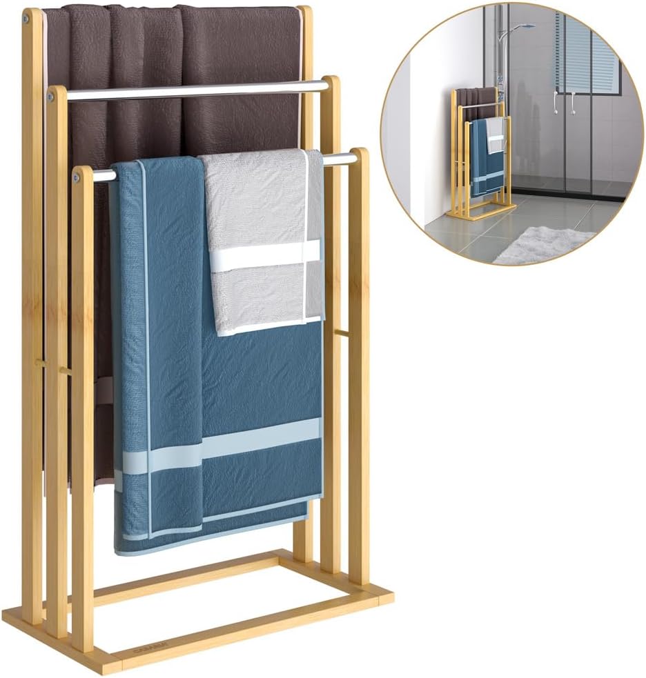 CASARIA® 2er Set Handtuchständer Freistehend Bambus Holz 84 x 46 x 24 cm 3 Edelstahl Stangen Handtuchhalter Stehend mit Ablage Handtuchstange Bad Ohne Bohren — Ansicht 4