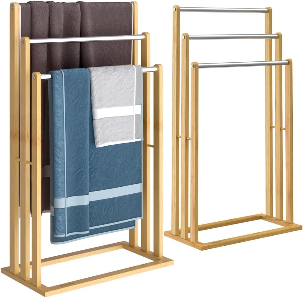 CASARIA® 2er Set Handtuchständer Freistehend Bambus Holz 84 x 46 x 24 cm 3 Edelstahl Stangen Handtuchhalter Stehend mit Ablage Handtuchstange Bad Ohne Bohren