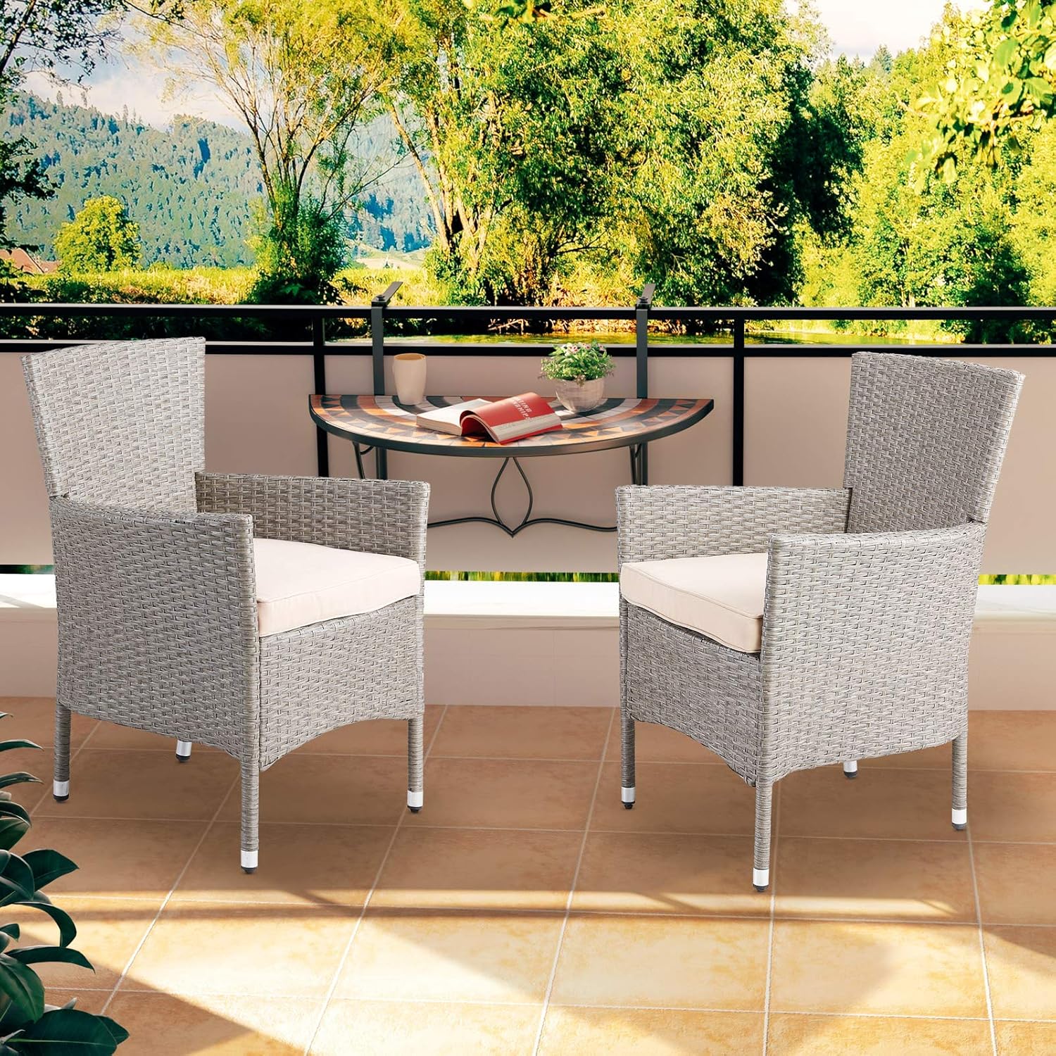 Casaria® 2er Set Poly Rattan Gartenstuhl mit Auflage Stapelbar Wetterfest 160 kg Belastbar Stapelstuhl Garten - Beige Grau — Ansicht 2