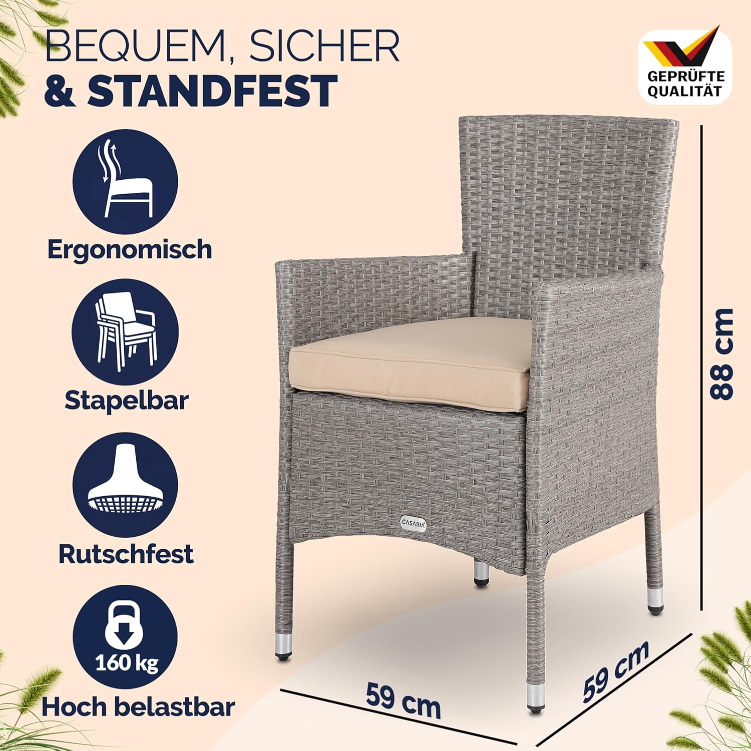 Casaria® 2er Set Poly Rattan Gartenstuhl mit Auflage Stapelbar Wetterfest 160 kg Belastbar Stapelstuhl Garten - Beige Grau — Ansicht 3