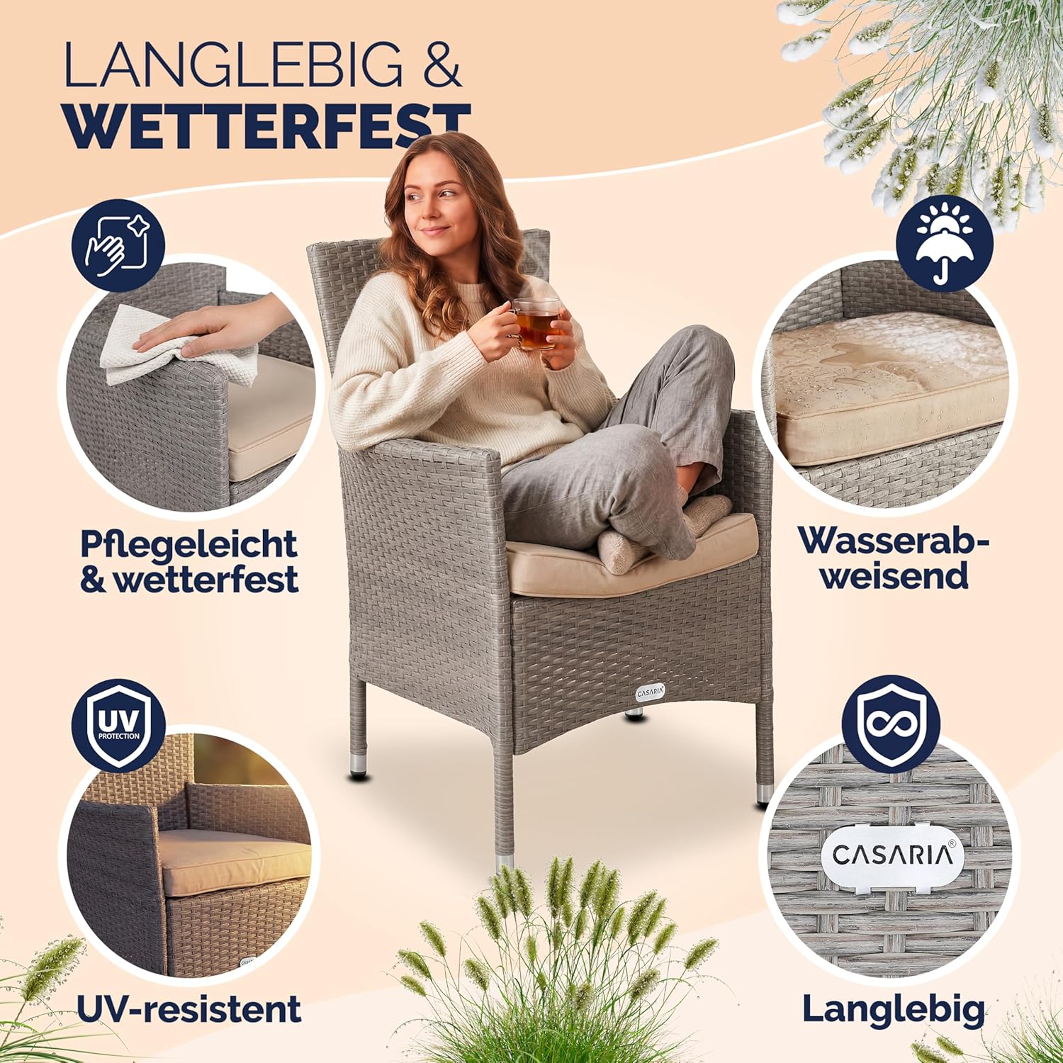 Casaria® 2er Set Poly Rattan Gartenstuhl mit Auflage Stapelbar Wetterfest 160 kg Belastbar Stapelstuhl Garten - Beige Grau — Ansicht 5