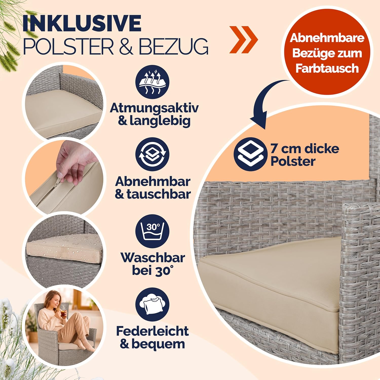 Casaria® 2er Set Poly Rattan Gartenstuhl mit Auflage Stapelbar Wetterfest 160 kg Belastbar Stapelstuhl Garten - Beige Grau — Ansicht 6