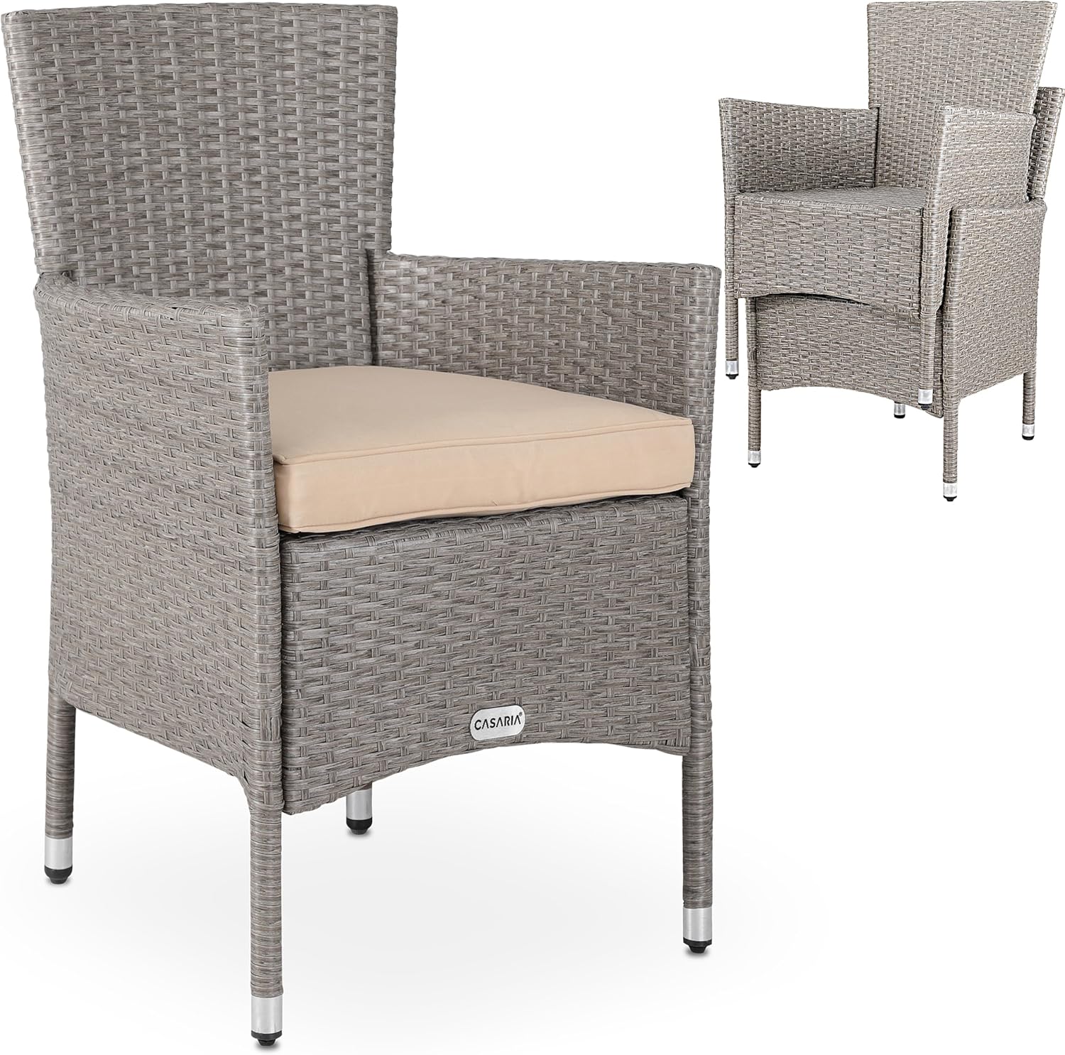 Casaria® 2er Set Poly Rattan Gartenstuhl mit Auflage Stapelbar Wetterfest 160 kg Belastbar Stapelstuhl Garten - Beige Grau