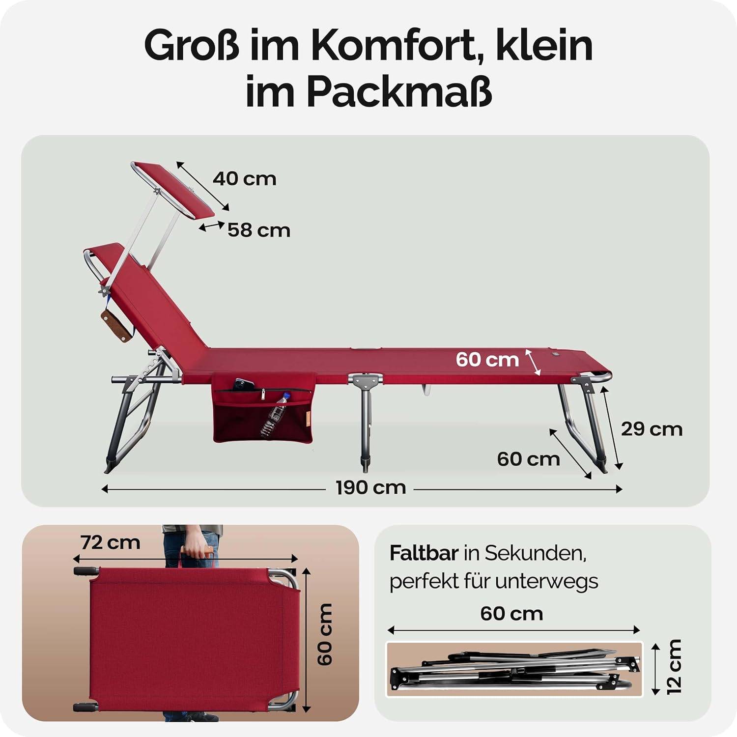 Casaria® 2er Set Sonnenliege Klappbar Wetterfest Gartenliege Mit Dach Seitentasche 150kg Belastbar Alu Liegestuhl Leicht Relaxliege Strand Pool Rot — Ansicht 2