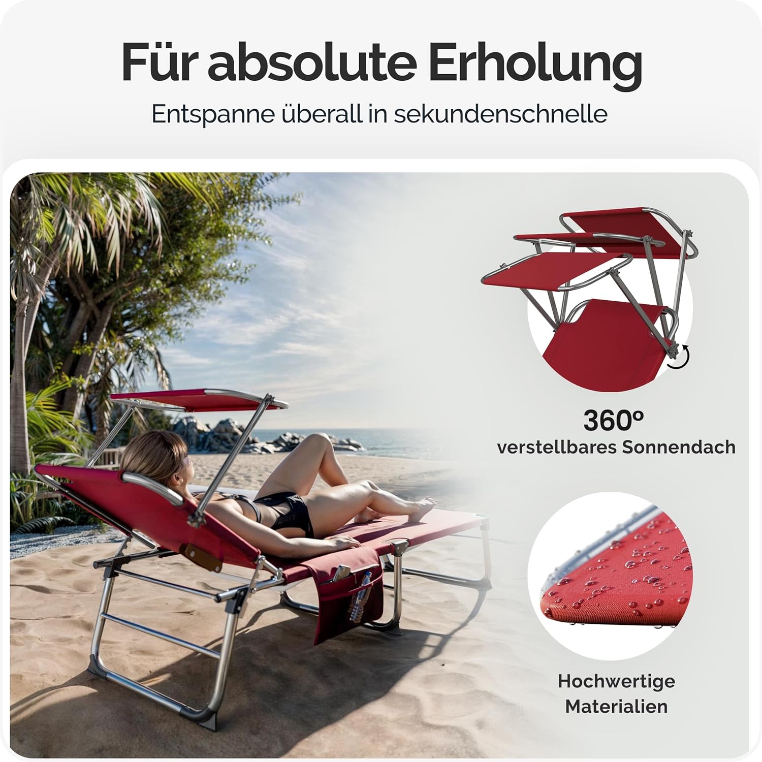 Casaria® 2er Set Sonnenliege Klappbar Wetterfest Gartenliege Mit Dach Seitentasche 150kg Belastbar Alu Liegestuhl Leicht Relaxliege Strand Pool Rot — Ansicht 5