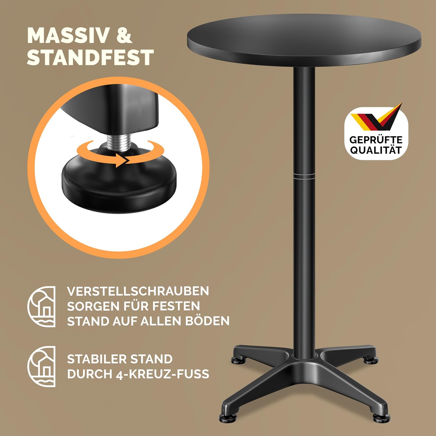 Casaria® 2in1 Stehtisch Höhenverstellbar 2er Set 70/115 cm Aluminium Ø 60 cm Rund Wetterfest Outdoor Indoor Camping Bistrotisch Balkonmöbel Schwarz — Ansicht 5