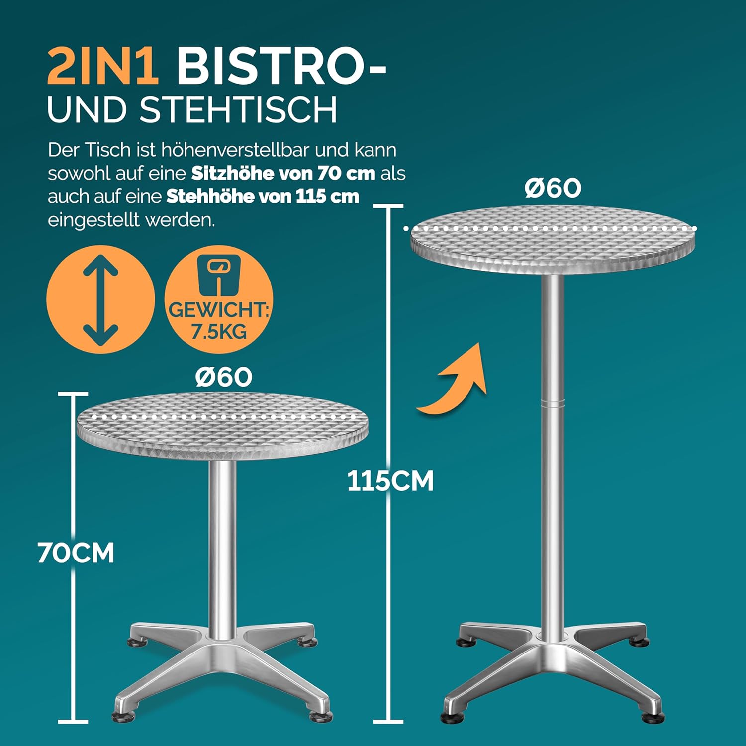 Casaria® 2in1 Stehtisch mit Husse Höhenverstellbar 70 cm / 115 cm Hoch Aluminium Rund Ø60cm Wetterfest Outdoor Garten Bistro Biertisch Party Anthrazit — Ansicht 2