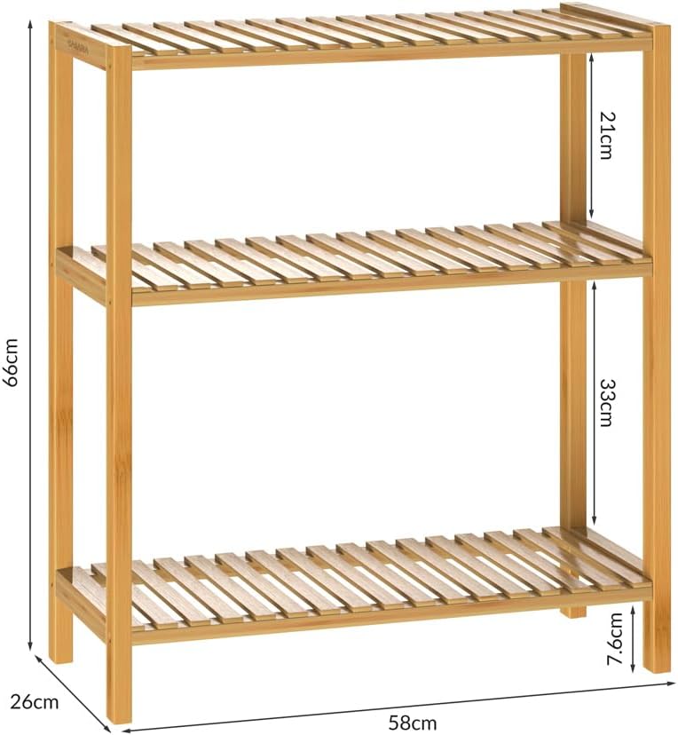 Casaria® 2X Badezimmer Regal Stehend Bambus Holz 3 Ablagen 30kg Belastbarkeit Badregal Schmal Küche Flur Büro Beistellregal Holzregal Klarlack 58x26cm — Ansicht 3