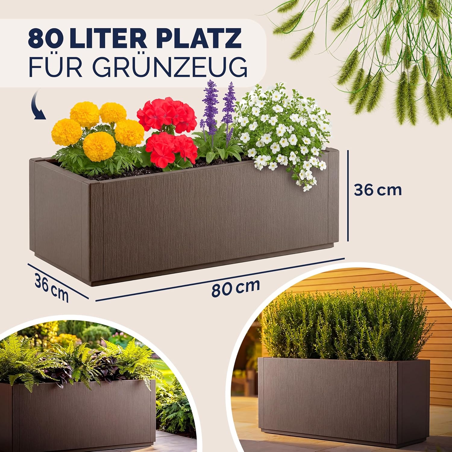 Casaria® 2X Blumenkasten 'Ethica' 80L 80x36x35cm Ablaufboden Kunststoff Winterfest Garten Pflanzkübel Übertopf Pflanzkasten Blumenkübel Braun — Ansicht 3