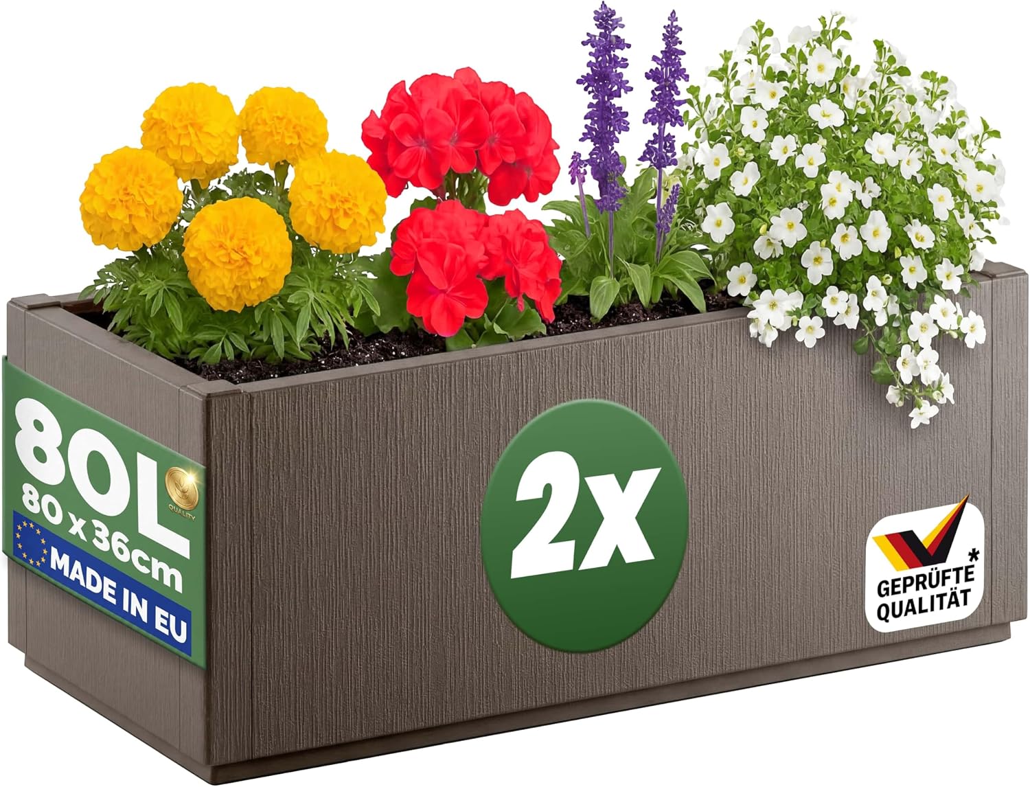 Casaria® 2X Blumenkasten 'Ethica' 80L 80x36x35cm Ablaufboden Kunststoff Winterfest Garten Pflanzkübel Übertopf Pflanzkasten Blumenkübel Braun