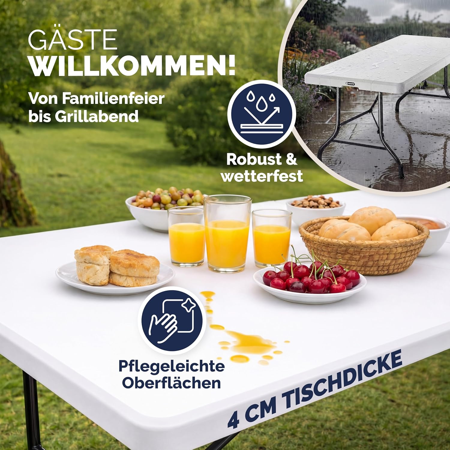 Casaria® 2X Gartentisch 183x76cm Klappbar Wetterfest Tragbar Kunststoff Garten Terrasse Camping Balkontisch Klapptisch Campingtisch Buffettisch Weiß — Ansicht 6
