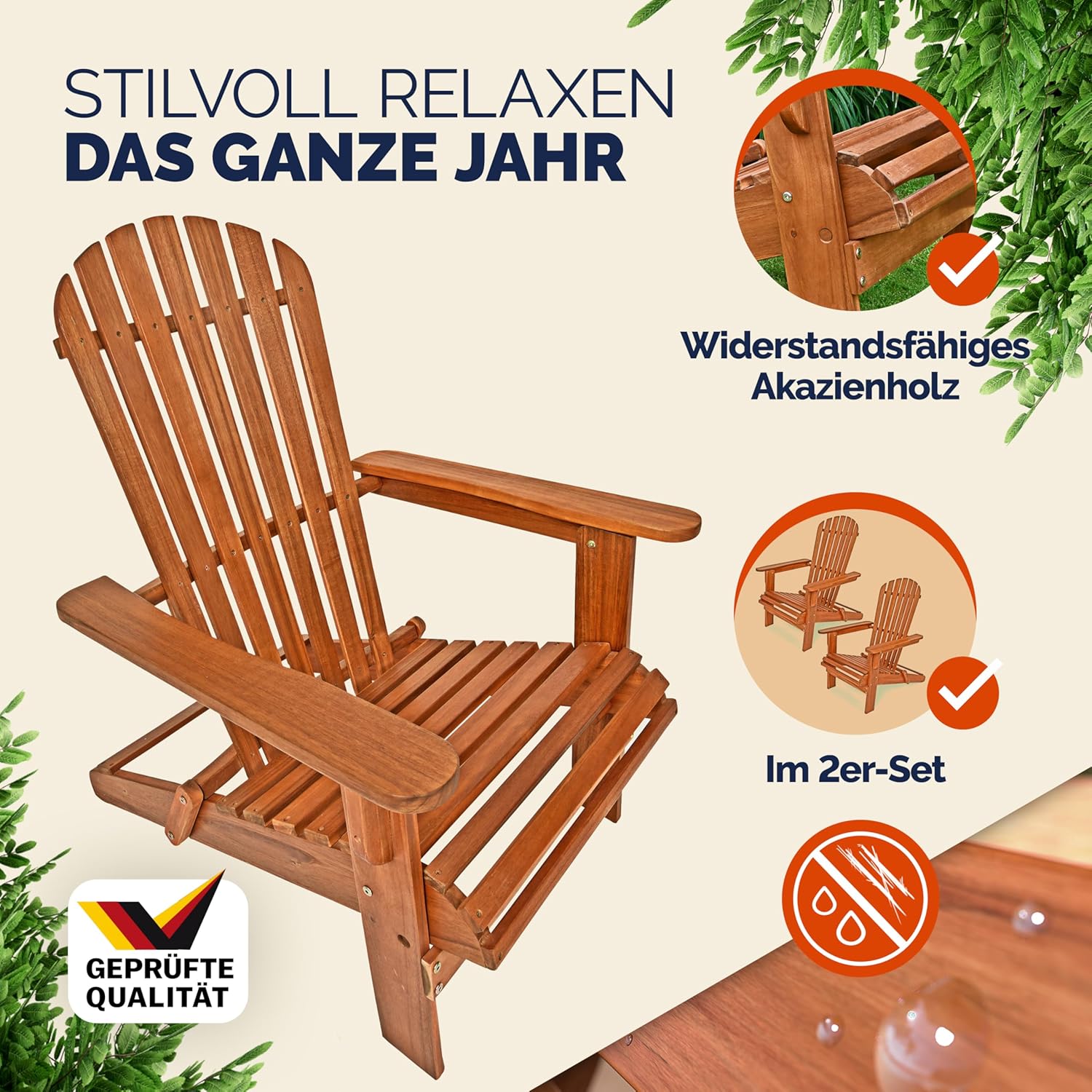Casaria® 2X Sonnenliege Holz Wetterfest Klappbar 160kg Belastbarkeit XXL Armlehnen Rückenlehne Garten Balkon Terrasse Holzstuhl Ergonomisch Adirondack — Ansicht 3