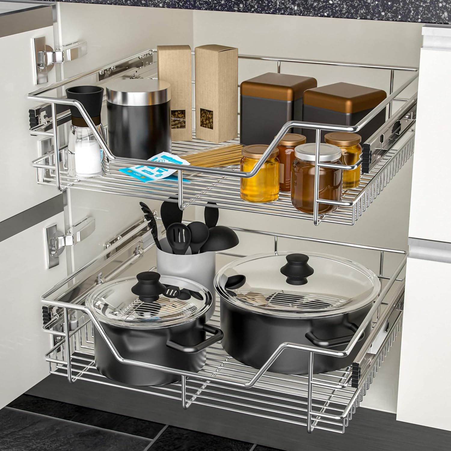 Casaria® 2x Teleskopschublade Schrank Schubladen Ausziehbar 50cm 20kg Belastbar Verchromt Korbauszug mit Zubehör Haushalt Küchenschrank Kleiderschrank — Ansicht 4