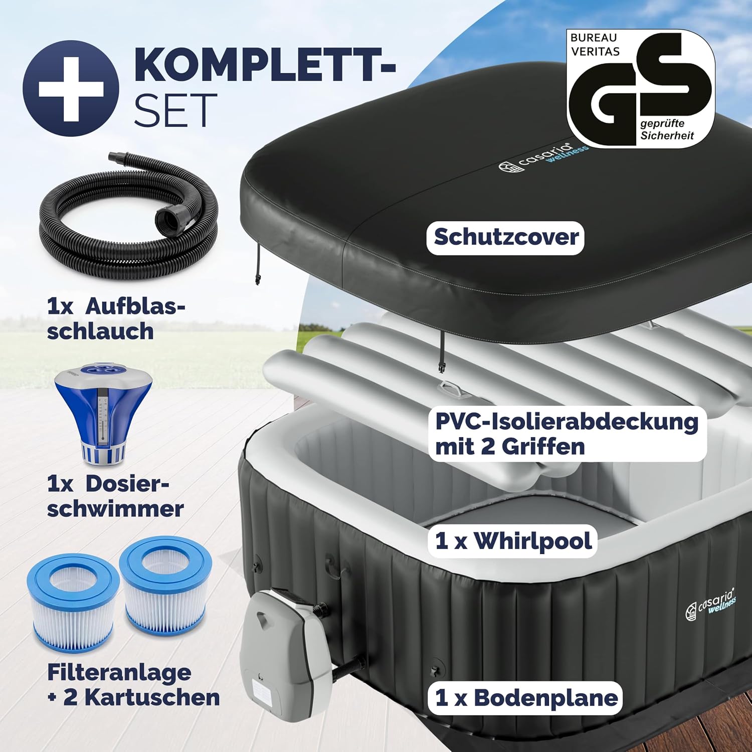 Casaria Aufblasbarer Whirlpool 178x178cm 6 Personen 140 Düsen bis 42°C Winterfest mit Frostschutz 3-lagiges PVC Spa Pool Abdeckung Filter & Zubehör Für In & Outdoor eckig — Ansicht 3