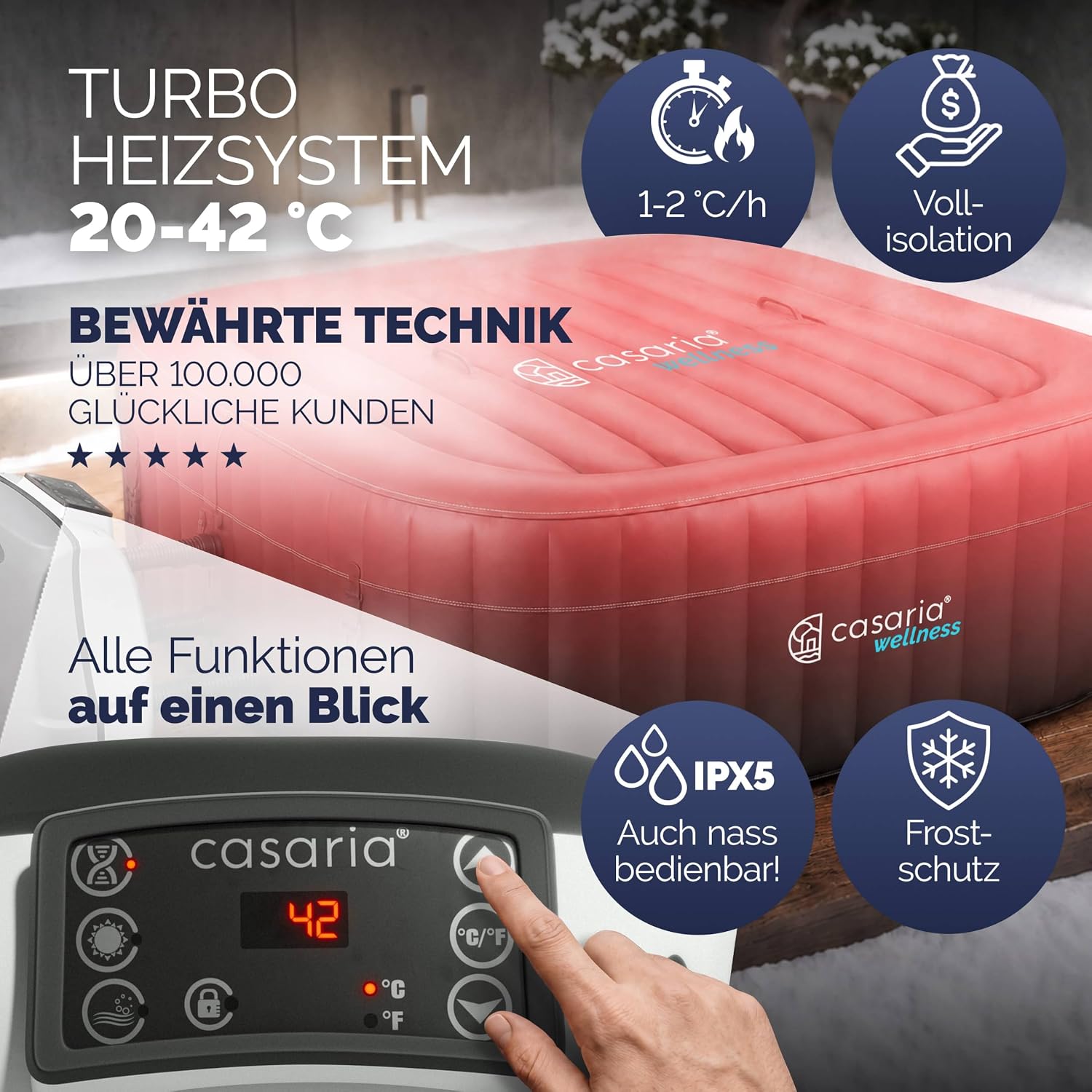 Casaria Aufblasbarer Whirlpool 178x178cm 6 Personen 140 Düsen bis 42°C Winterfest mit Frostschutz 3-lagiges PVC Spa Pool Abdeckung Filter & Zubehör Für In & Outdoor eckig — Ansicht 5