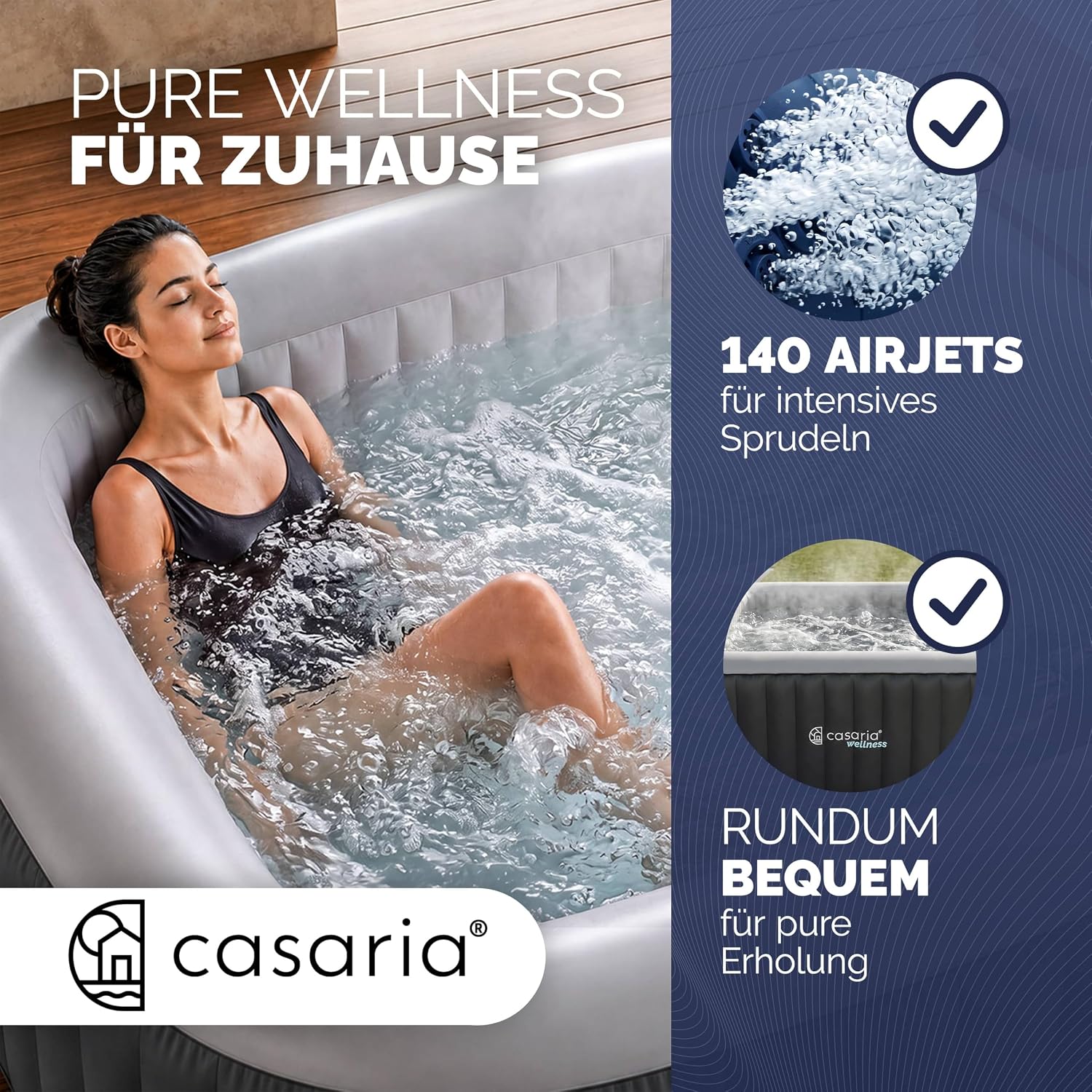Casaria Aufblasbarer Whirlpool 178x178cm 6 Personen 140 Düsen bis 42°C Winterfest mit Frostschutz 3-lagiges PVC Spa Pool Abdeckung Filter & Zubehör Für In & Outdoor eckig — Ansicht 6