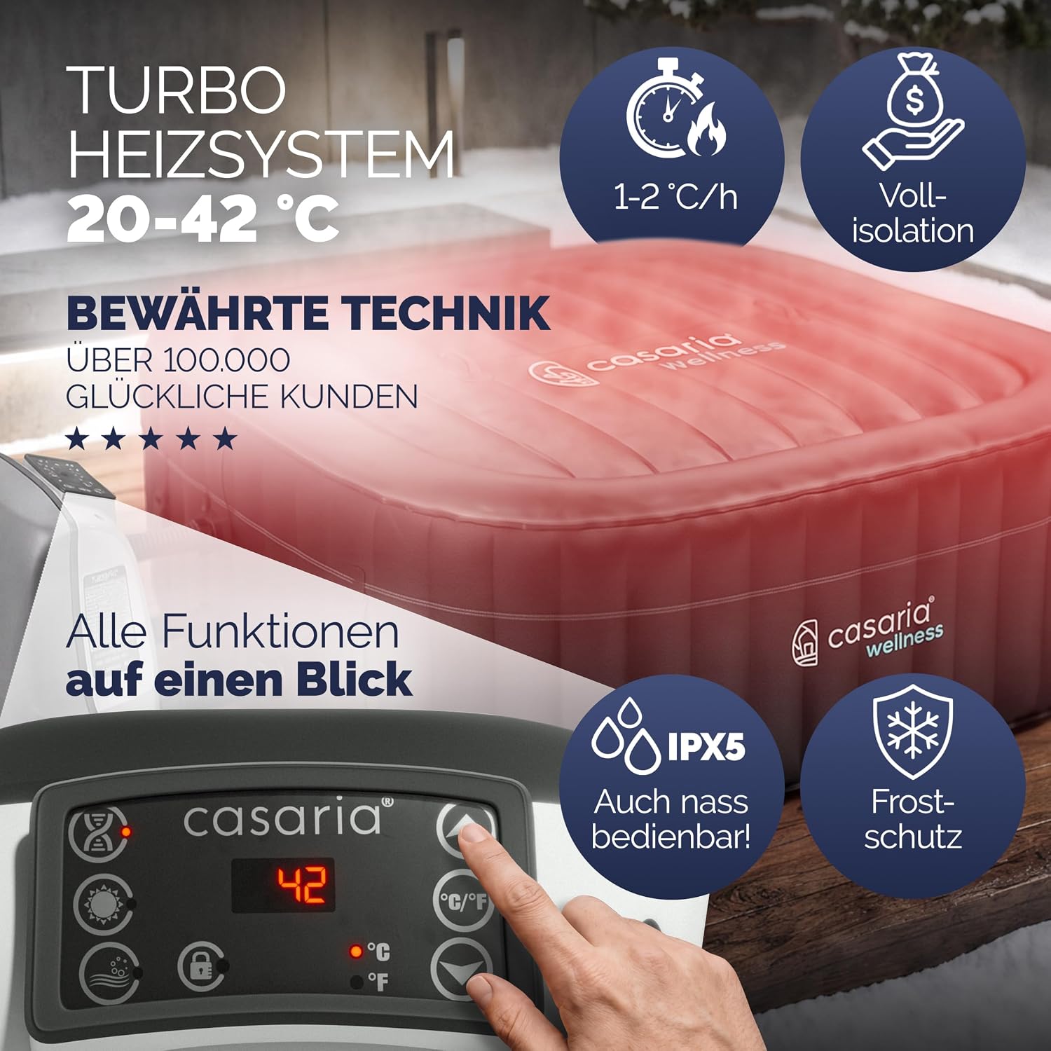 Casaria Aufblasbarer Whirlpool 4 Personen 165x165cm 100 Düsen bis 42°C Winterfest mit Frostschutz 3-lagiges PVC Spa Pool mit Abdeckung Filter & Zubehör Für In & Outdoor eckig — Ansicht 5