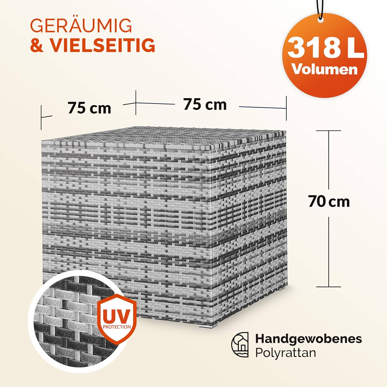 Casaria® Auflagenbox 318L Polyrattan - Wetterfeste Garten Aufbewahrungsbox für Kissen & Sitzauflagen 75x75x70cm, für Balkon, Terrasse und Garten, UV-beständig Grau — Ansicht 3