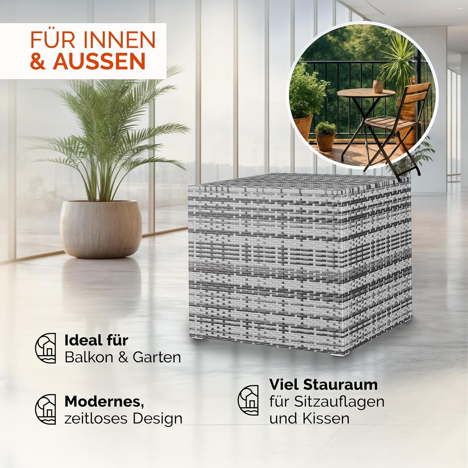 Casaria® Auflagenbox 318L Polyrattan - Wetterfeste Garten Aufbewahrungsbox für Kissen & Sitzauflagen 75x75x70cm, für Balkon, Terrasse und Garten, UV-beständig Grau — Ansicht 5