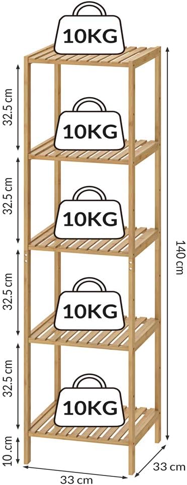 Casaria® Badezimmer Regal Bambus 5 Ablagen Belastbarkeit 40kg 140x33cm Bad Küche Kinderzimmer Wohnzimmer Bücherregal Holzregal Mehrzweckregal Braun — Ansicht 3