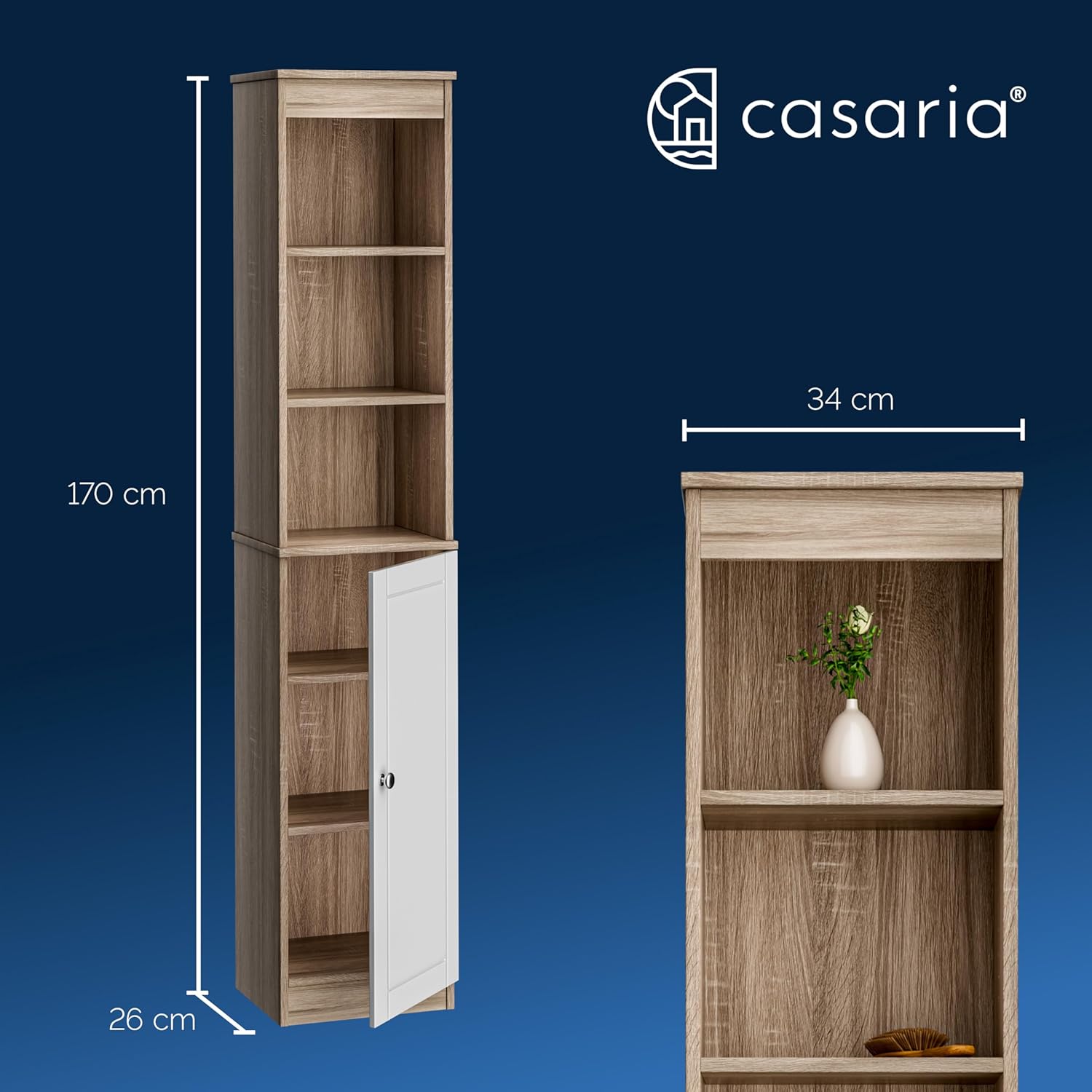 Casaria® Badezimmerhochschrank Weiß Holz 6 Fächer Tür mit Magnetverschluss 170 x 34 x 26 cm Schmal Hochschrank Bad Regal Badschrank Badezimmerschrank — Ansicht 3