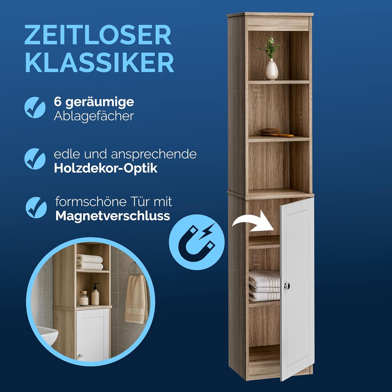 Casaria® Badezimmerhochschrank Weiß Holz 6 Fächer Tür mit Magnetverschluss 170 x 34 x 26 cm Schmal Hochschrank Bad Regal Badschrank Badezimmerschrank — Ansicht 4