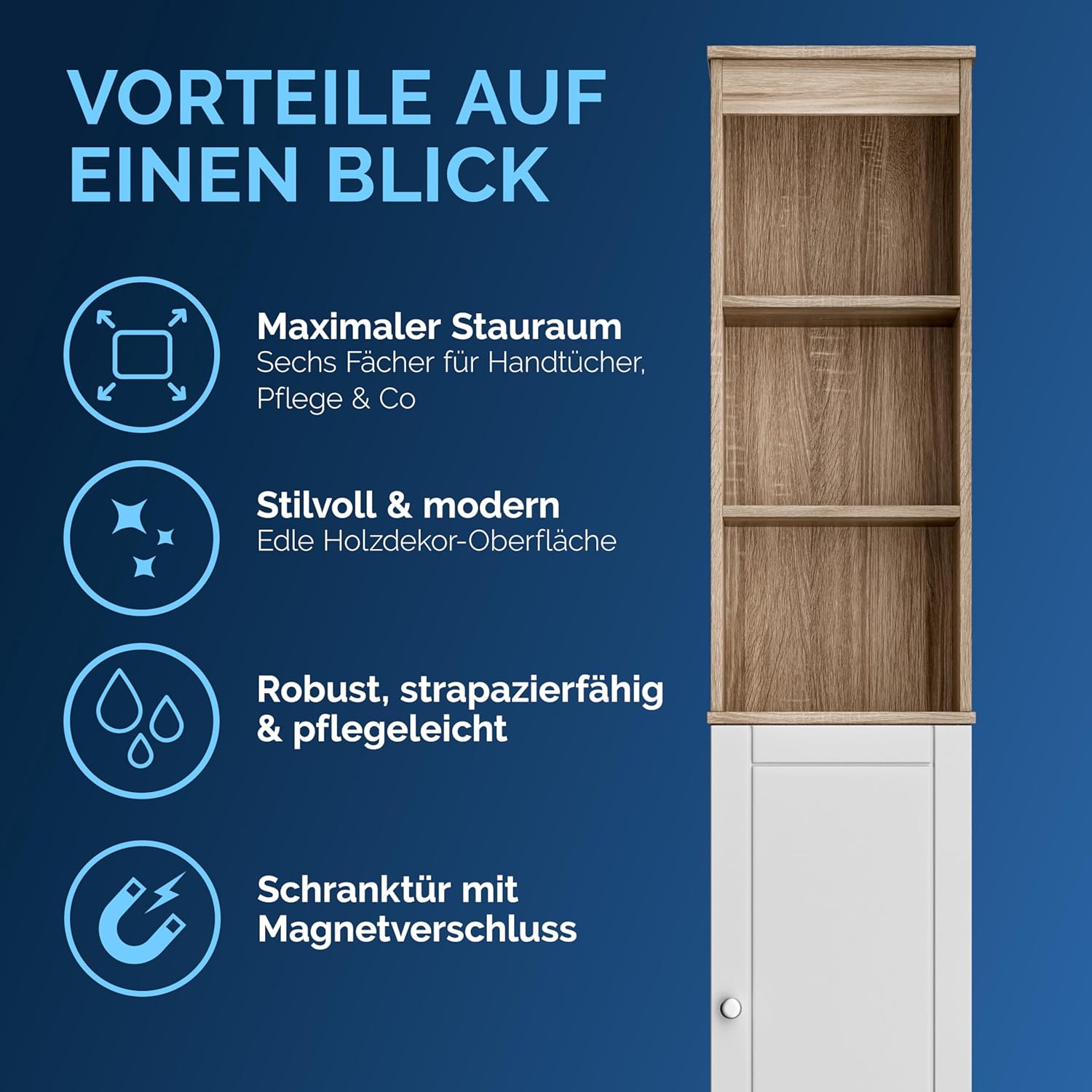 Casaria® Badezimmerhochschrank Weiß Holz 6 Fächer Tür mit Magnetverschluss 170 x 34 x 26 cm Schmal Hochschrank Bad Regal Badschrank Badezimmerschrank — Ansicht 6