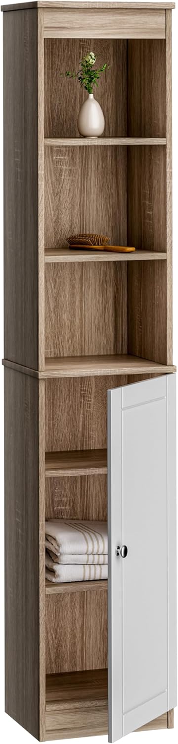 Casaria® Badezimmerhochschrank Weiß Holz 6 Fächer Tür mit Magnetverschluss 170 x 34 x 26 cm Schmal Hochschrank Bad Regal Badschrank Badezimmerschrank