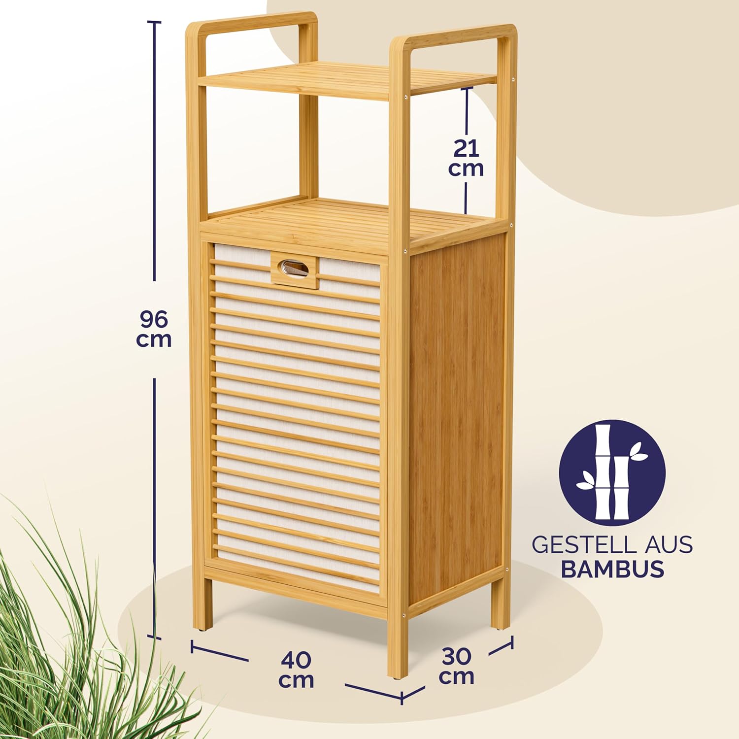 Casaria® Badregal mit Wäschekorb 40 L Wäschesammler Bambus Holz Wäschesack Herausnehmbar 96x40x30cm Groß Badezimmerregal 2 Ablagen Wäschebox Regal — Ansicht 2