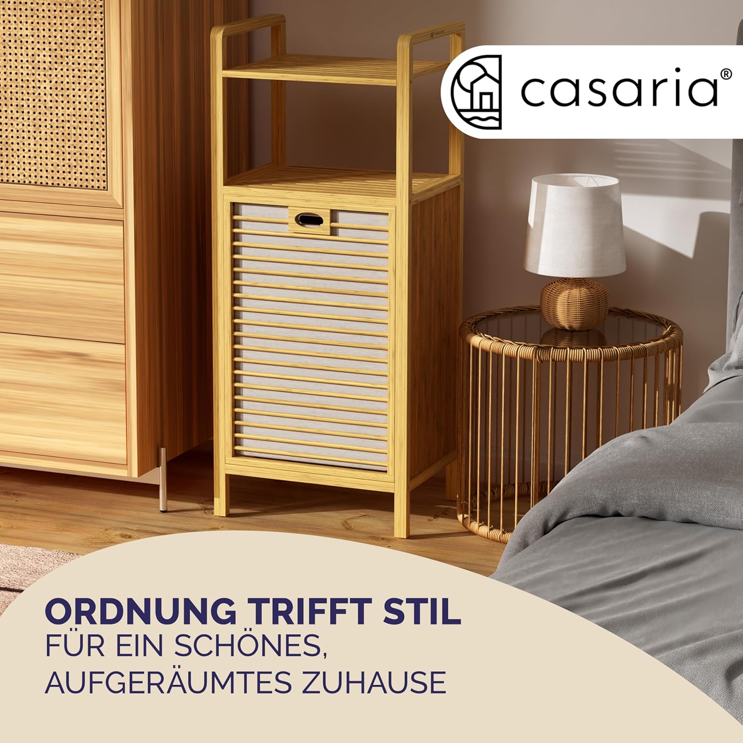 Casaria® Badregal mit Wäschekorb 40 L Wäschesammler Bambus Holz Wäschesack Herausnehmbar 96x40x30cm Groß Badezimmerregal 2 Ablagen Wäschebox Regal — Ansicht 3