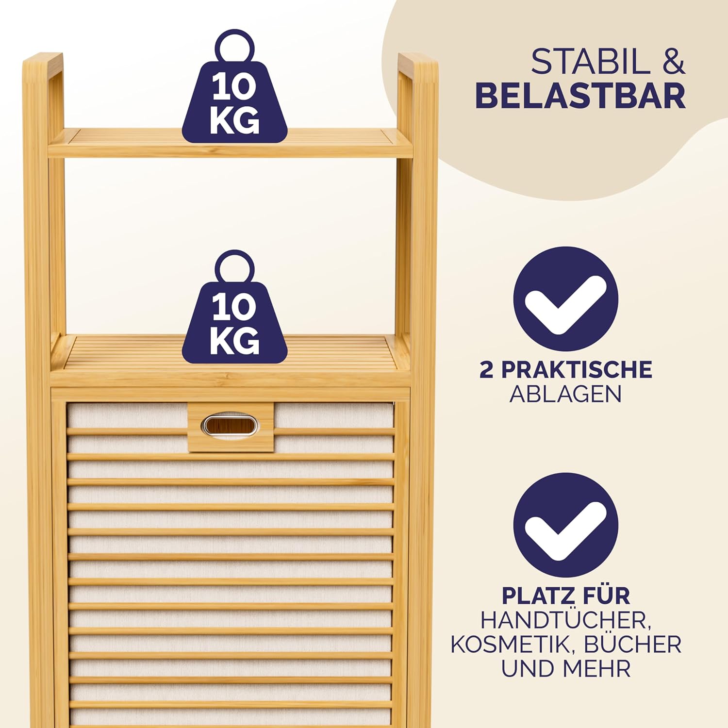 Casaria® Badregal mit Wäschekorb 40 L Wäschesammler Bambus Holz Wäschesack Herausnehmbar 96x40x30cm Groß Badezimmerregal 2 Ablagen Wäschebox Regal — Ansicht 6