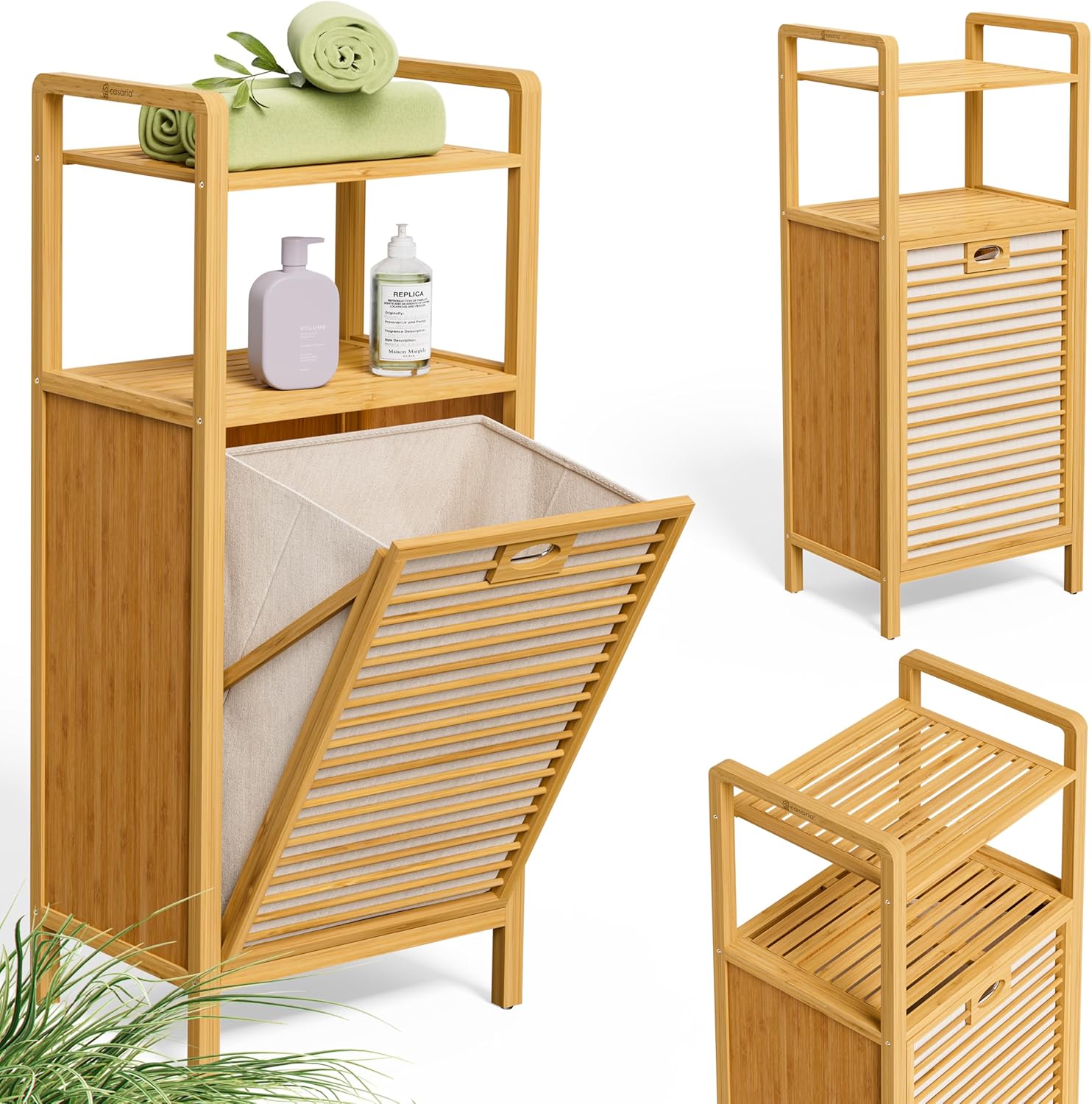 Casaria® Badregal mit Wäschekorb 40 L Wäschesammler Bambus Holz Wäschesack Herausnehmbar 96x40x30cm Groß Badezimmerregal 2 Ablagen Wäschebox Regal