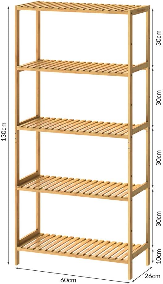 Casaria® Badregal Standregal Bambus 5 Böden 60x26x130cm Groß Stehend Offen 50 kg Belastbarkeit Holz Bad Badezimmer Küche Wohnzimmer Keller Regal Natur — Ansicht 3