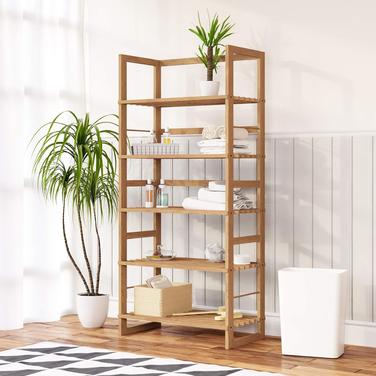 Casaria® Badregal Standregal Holz 5 Böden 58x27x136 cm Groß Stehend Offen 50kg Belastbarkeit Kiefer Bad Badezimmer Küche Wohnzimmer Keller Regal Natur — Ansicht 4