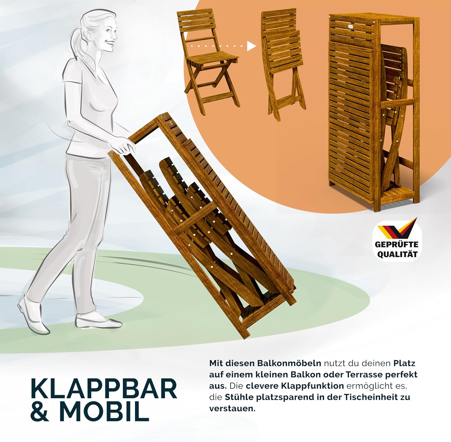 Casaria® Balkon Set 2 Personen Wetterfest Klappbar Holz FSC®-Zertifiziert 160kg Belastbarkeit 94x61x117cm Garten Balkon Terrasse 3-teilig Balkonmöbel — Ansicht 3