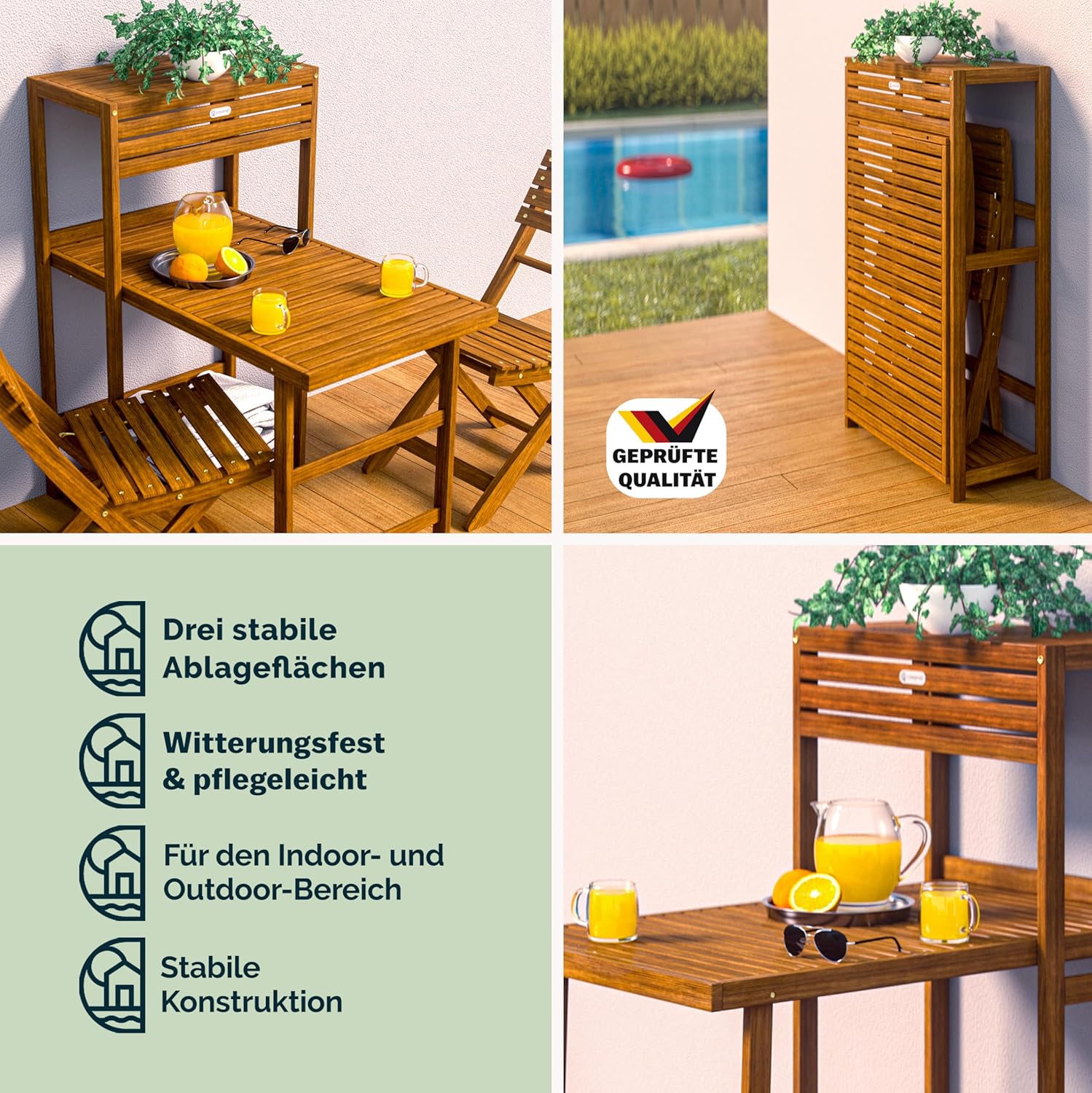 Casaria® Balkon Set 2 Personen Wetterfest Klappbar Holz FSC®-Zertifiziert 160kg Belastbarkeit 94x61x117cm Garten Balkon Terrasse 3-teilig Balkonmöbel — Ansicht 4