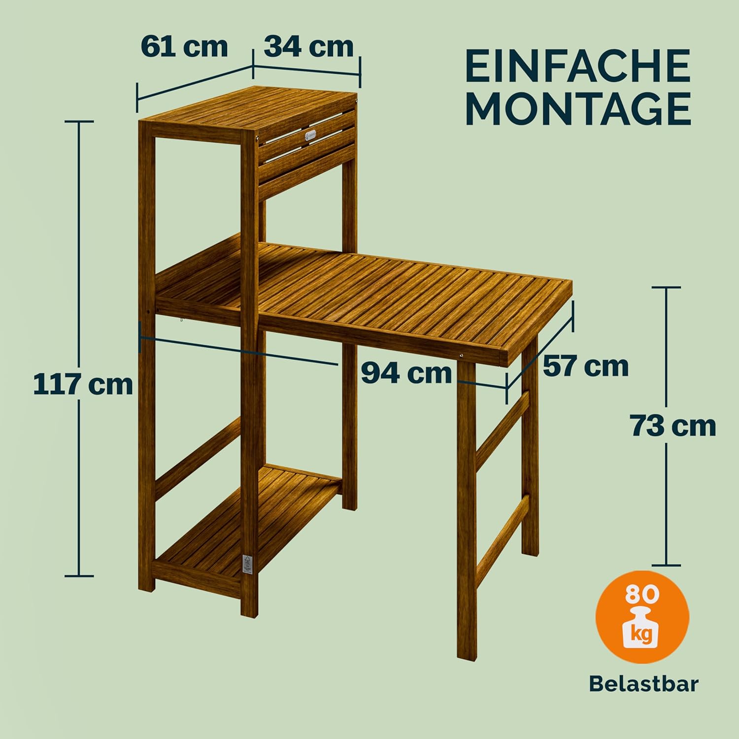 Casaria® Balkon Set 2 Personen Wetterfest Klappbar Holz FSC®-Zertifiziert 160kg Belastbarkeit 94x61x117cm Garten Balkon Terrasse 3-teilig Balkonmöbel — Ansicht 6