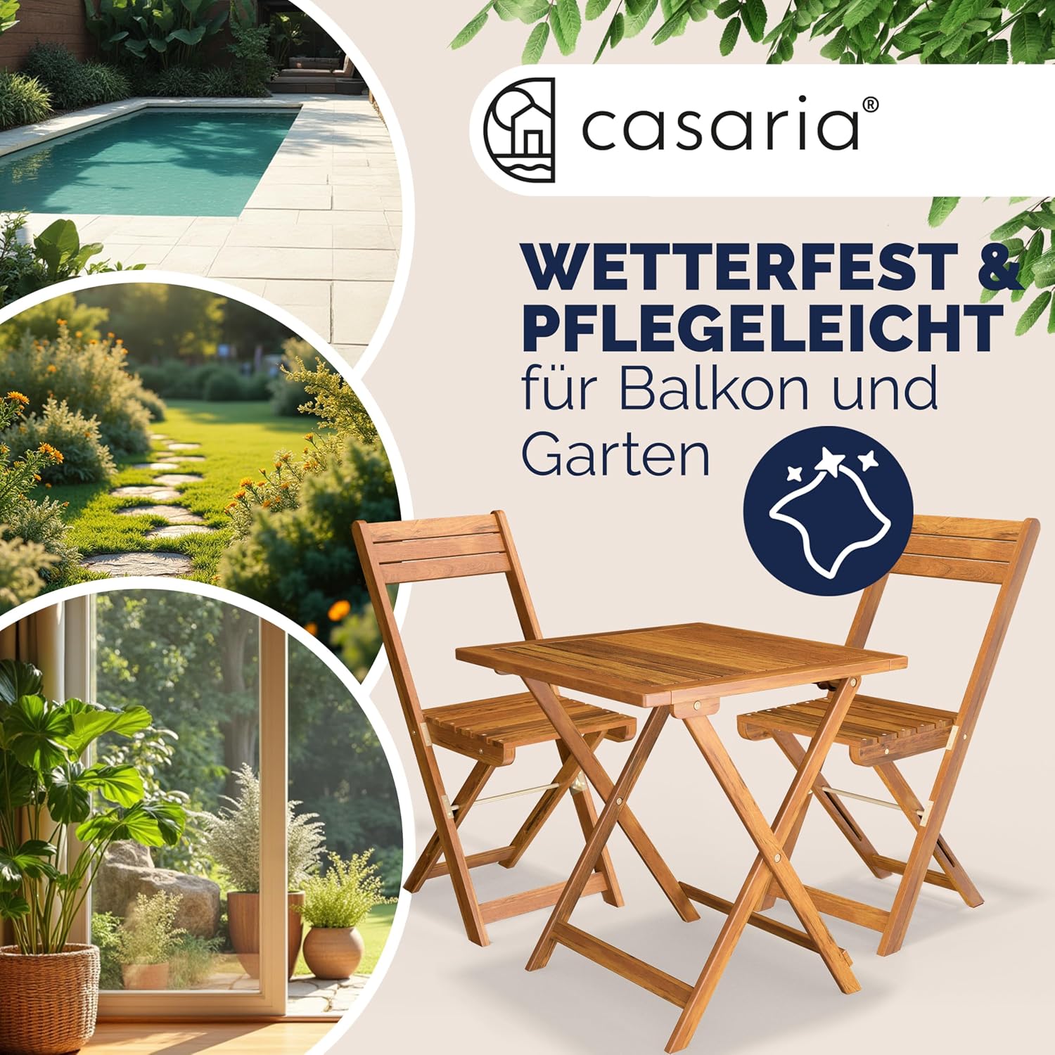 Casaria® Balkonmöbel Set 2 Personen Wetterfest Holz Vormontiert Klappbar 110kg Belastbarkeit Balkon Garten Terrassenmöbel Gartenmöbel 3-TLG Akazie — Ansicht 2