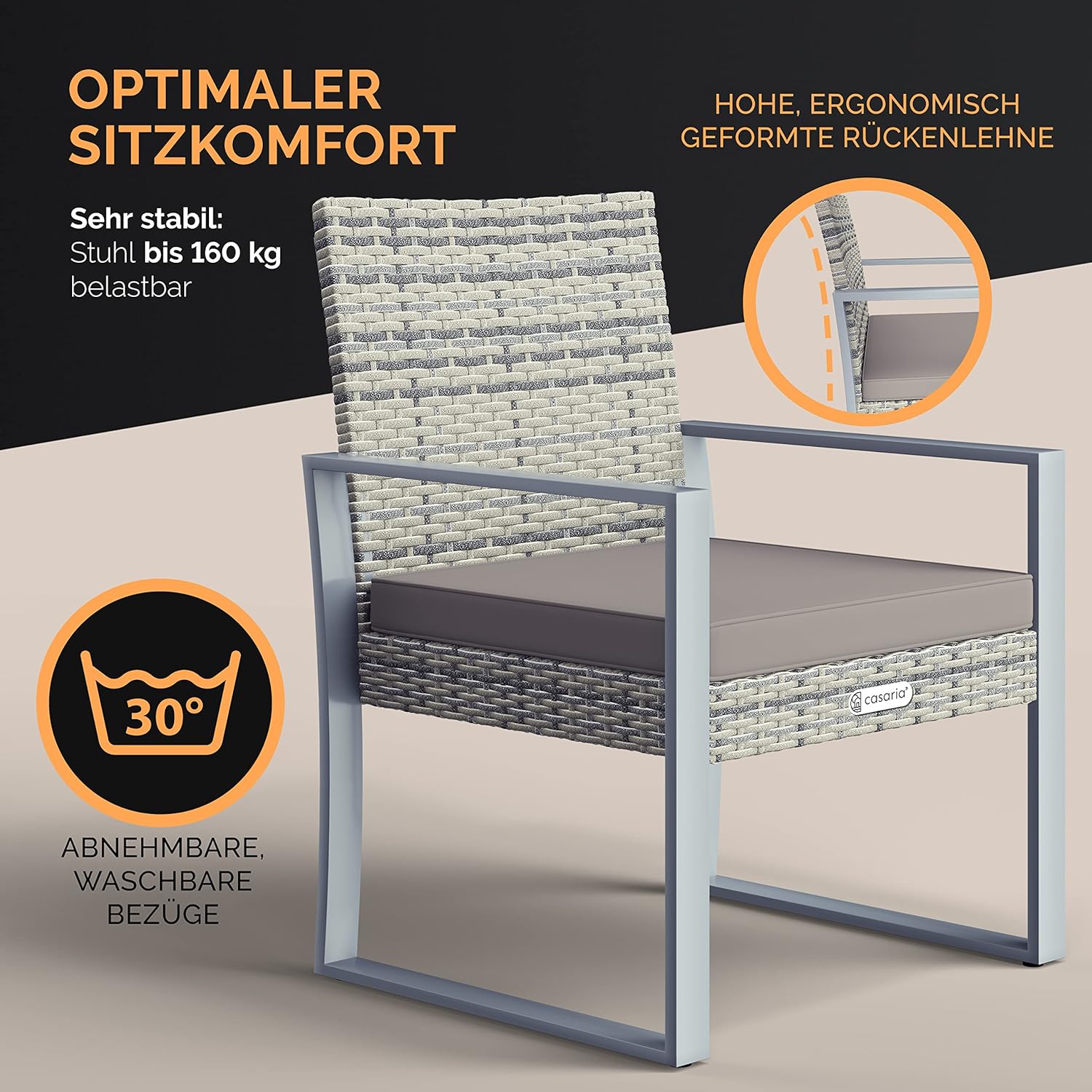 Casaria® Balkonmöbel Set WPC Tisch 160kg Belastbarkeit Polyrattan 2 Stühle Auflagen höhenverstellbare Füße Outdoor Wetterfest Garten Balkon Möbel Lounge Grau — Ansicht 5