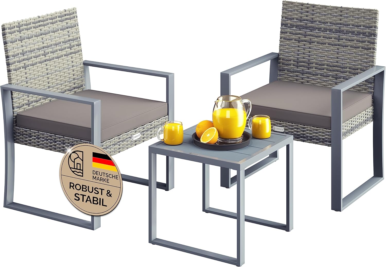 Casaria® Balkonmöbel Set WPC Tisch 160kg Belastbarkeit Polyrattan 2 Stühle Auflagen höhenverstellbare Füße Outdoor Wetterfest Garten Balkon Möbel Lounge Grau