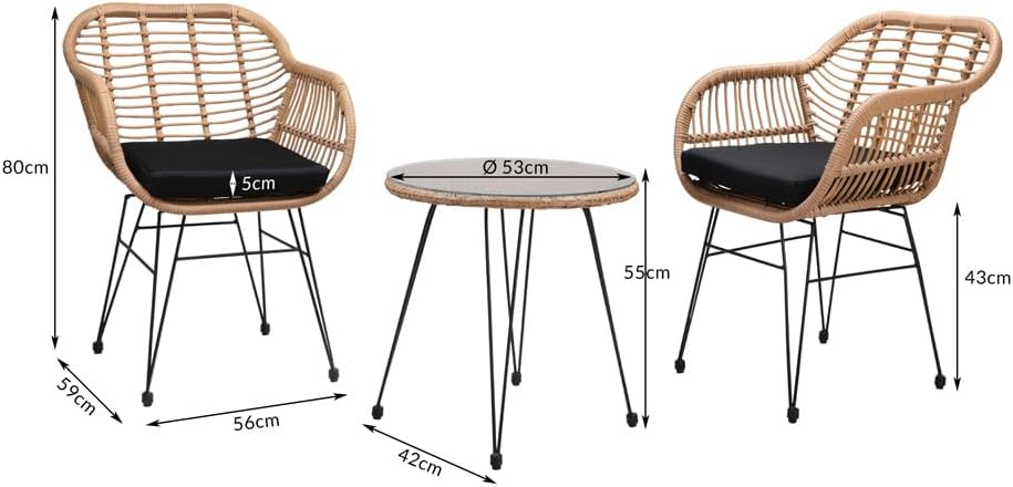 Casaria® Balkonset 3 teilig 5cm Auflagen Wetterfest 5mm Sicherheitsglasplatte Höhenverstellbar Rattan Look Outdoor Terrasse Balkon Gartenmöbel Korbsessel — Ansicht 3