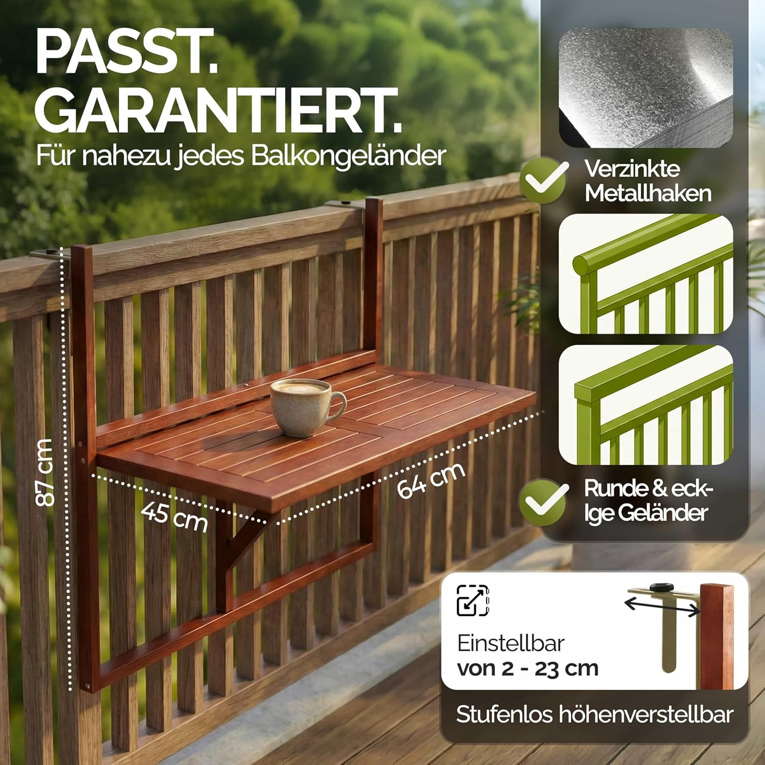 Casaria® Balkontisch klappbar wetterfest Holz FSC®-Zertifiziert 40kg Belastbarkeit 65x45cm Klapptisch Balkon Garten Tisch Geländer Terrasse Akazie — Ansicht 3